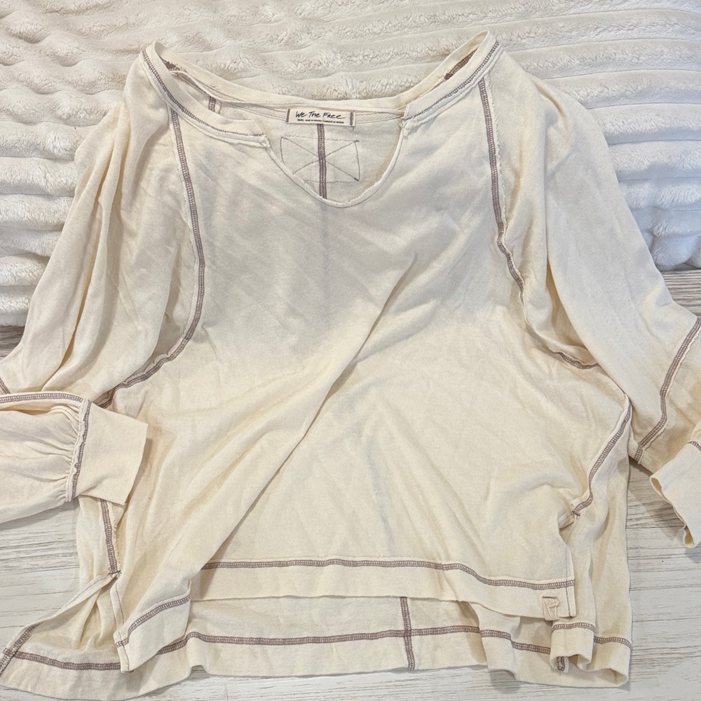 Free People Cream Long Sleeve Top with Brown Accents